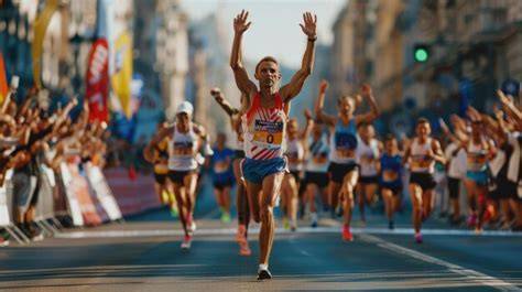 マラソン大会のゴール付近で歓声を送る観客とランナー