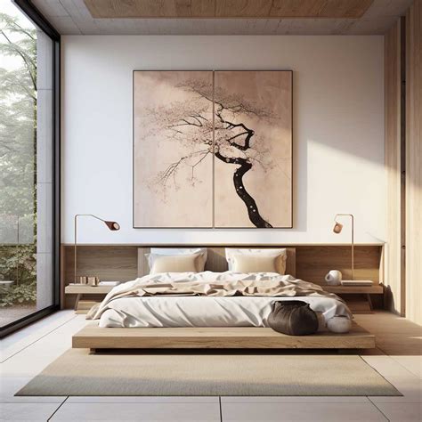 A Japanese-style bedroom with a Zen influence and a meditation cushion.