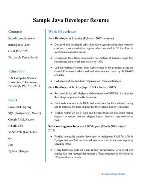 Java Resume Sample For Freshers Pdf