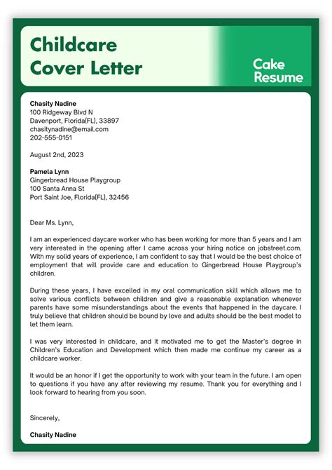 Job Cover Letter Child Care