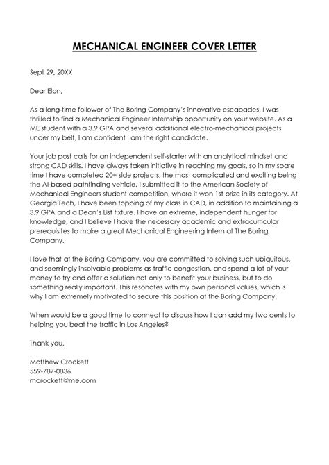 Job Cover Letter For Mechanical Engineer
