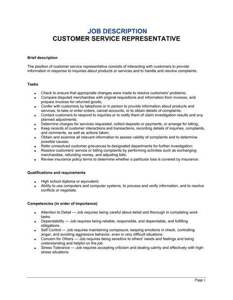 Job Description For A Cable Company Customer Service Representative Templates