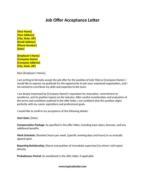 Job Offer Acceptance Letter Template