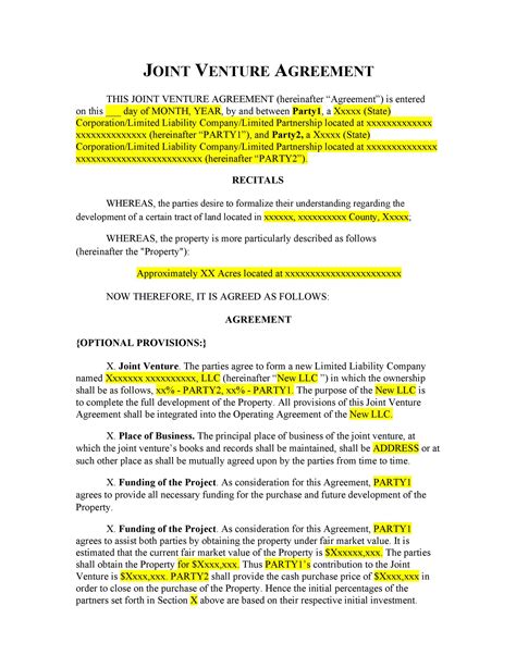 Joint Venture Agreement Template Doc