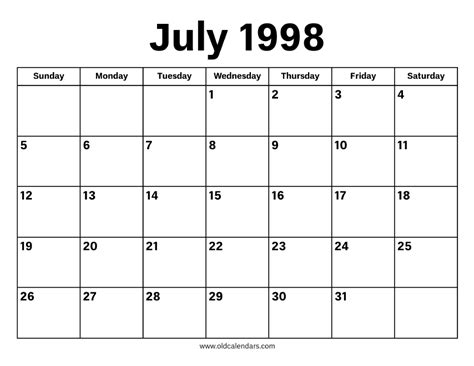 July 1 1998 Calendar
