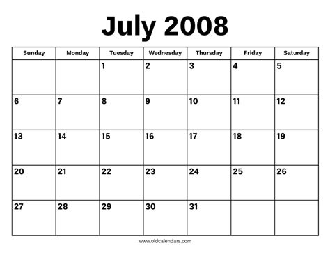 July 2008 Monthly Calendar