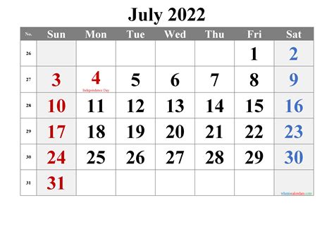 July 2022 Calendar With Holidays Printable
