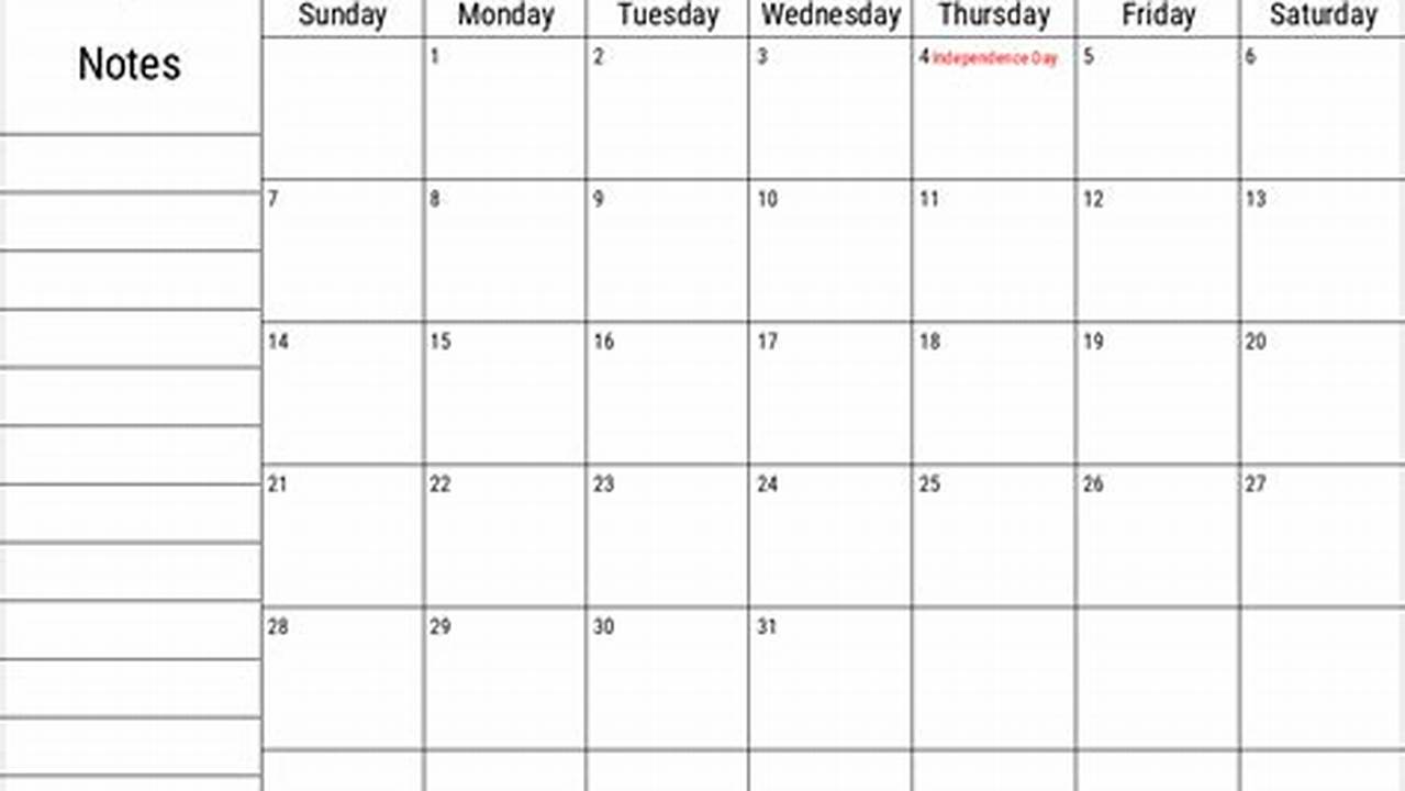 July 2024 Calendar With Notes