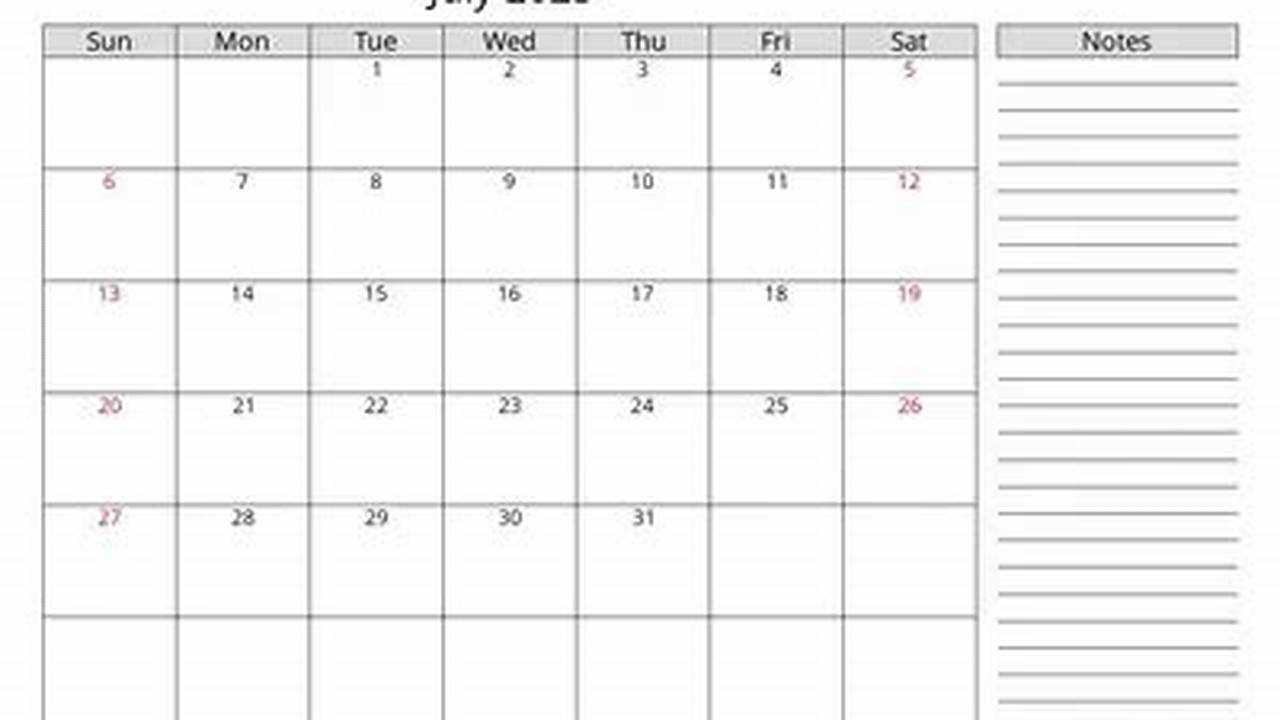 July 2025 Printable Calendar With Notes Section