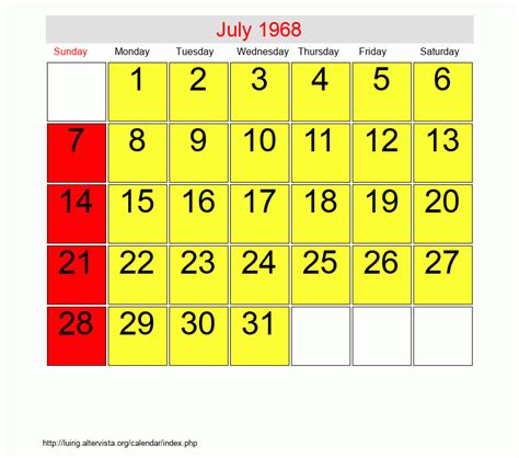 July 1968 Calendar