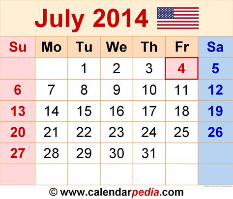 July 2014 Monthly Calendar