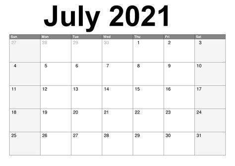 July 2021 Calendar Printable