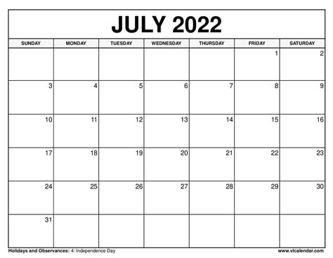 July 2022 Calendar Free Printable