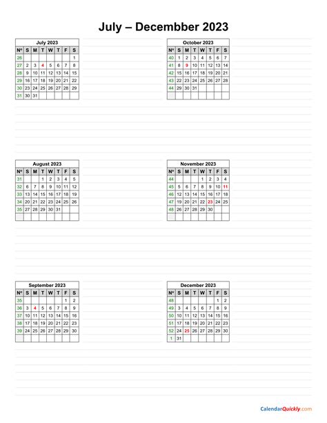 July to December 2023 Calendar Horizontal Calendar Quickly