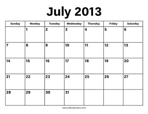 July 4 2013 Calendar