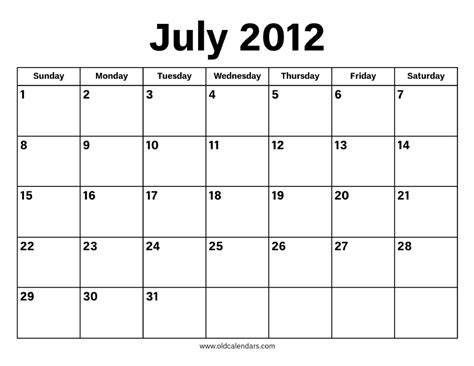 July 9 2012 Calendar
