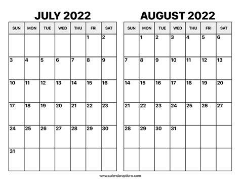 July And August 2022 Calendar Printable