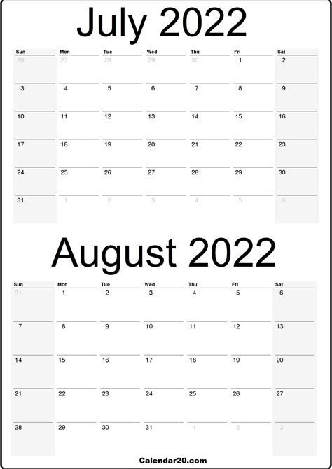 July August 2022 Calendar