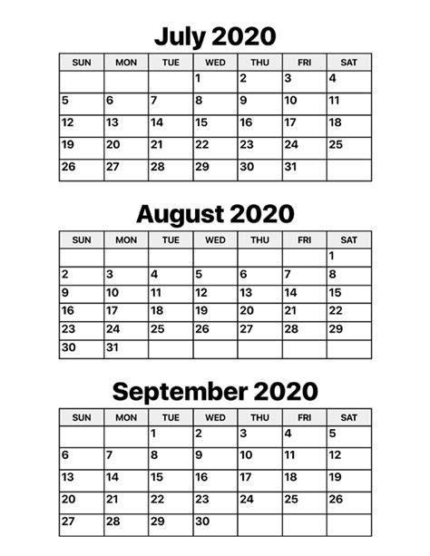 July August September Calendar