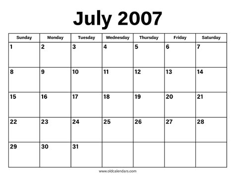 July Calendar 2007