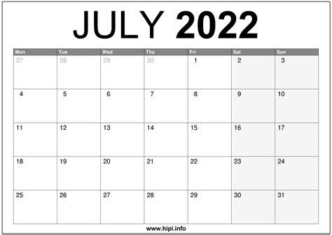 July Calendar UK Printable