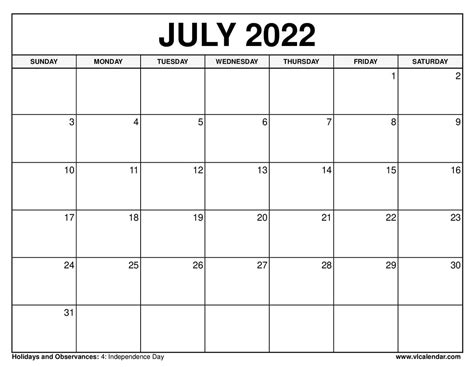 July Printable Calendar 2022