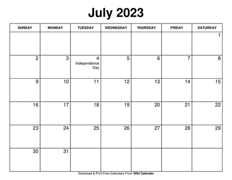 July Printable Calendar 2023