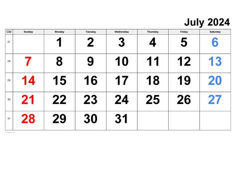 July Printable Calendar 2024 Weekly