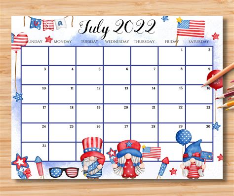 July Themed Calendar