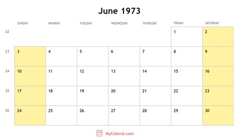 June 1973 Calendar