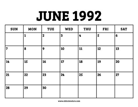 June 1992 Calendar