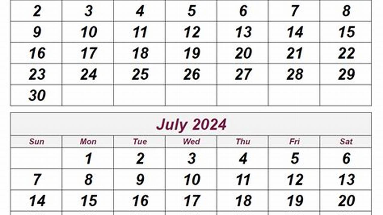 June And July Calendar 2024 Excel