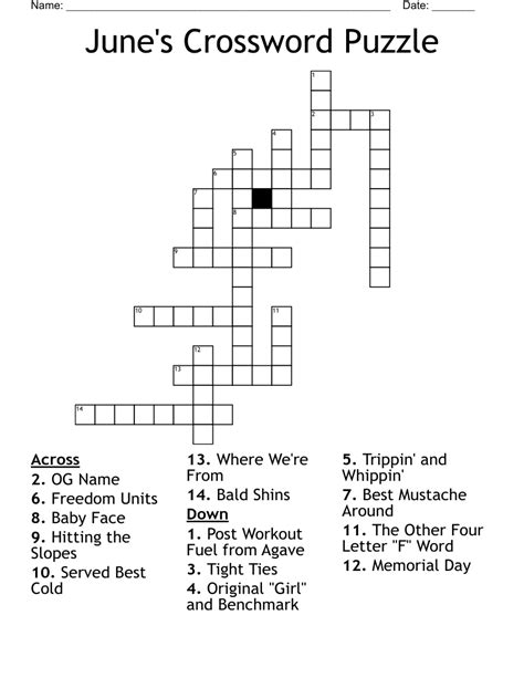 June Crossword Puzzle Printable