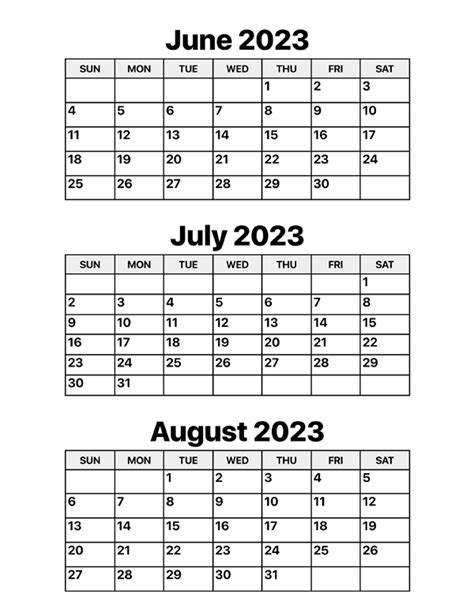 June July August 2023 Printable Calendar