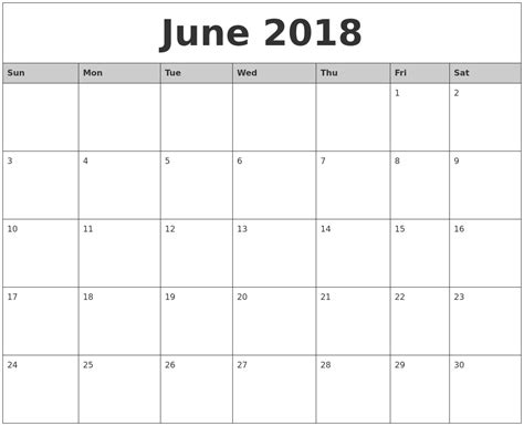 June Month Calendar 2014
