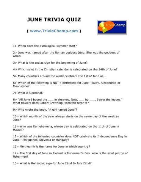 June Trivia Questions And Answers Printable