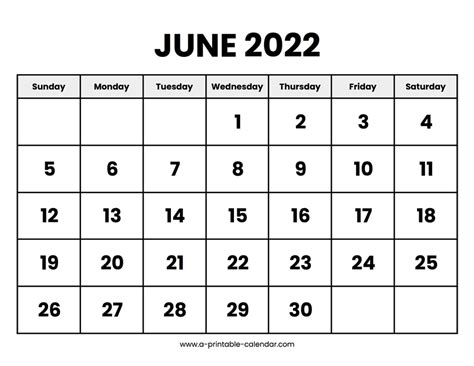 June 2022 Printable Calendar Deadlines