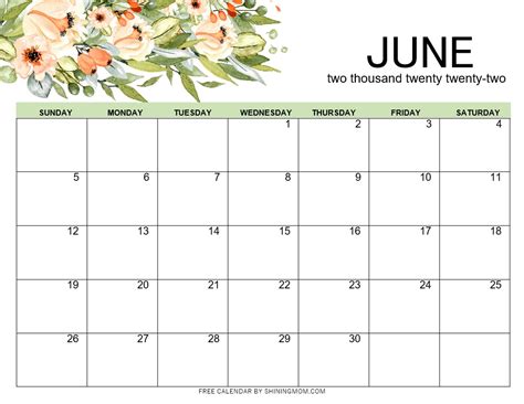 June 2022 Printable Calendar Projects