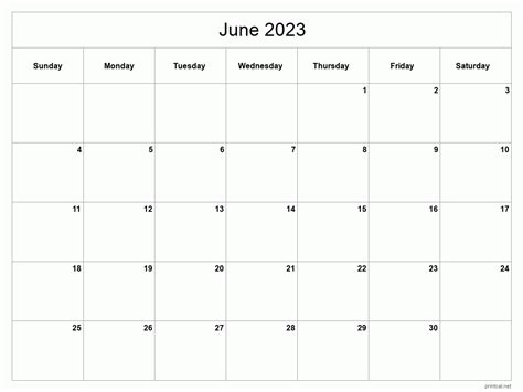 June 2023 Blank Calendar Printable