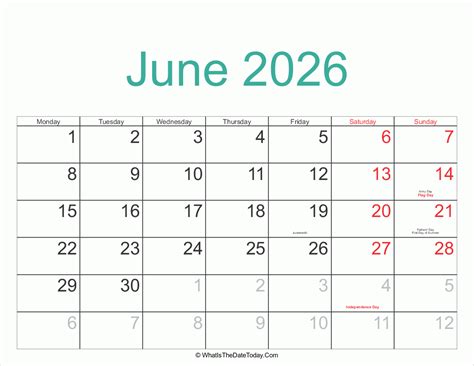 June 2026 Calendar With Holidays