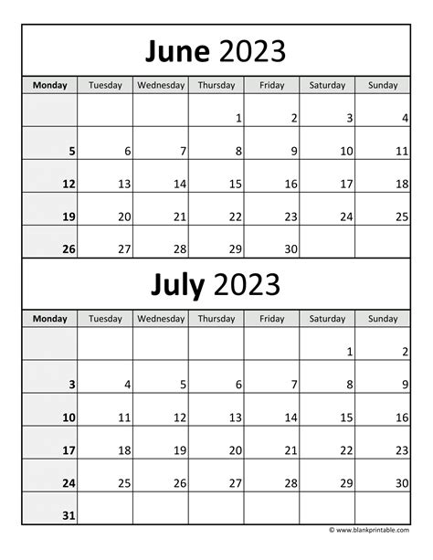 June And July 2023 Printable Calendar