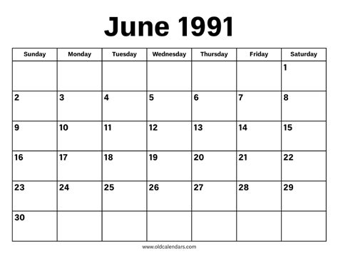 June Calendar 1991
