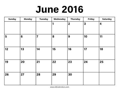 June Calendar For 2016