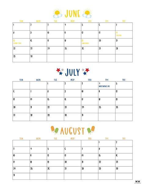 June July August Calendars