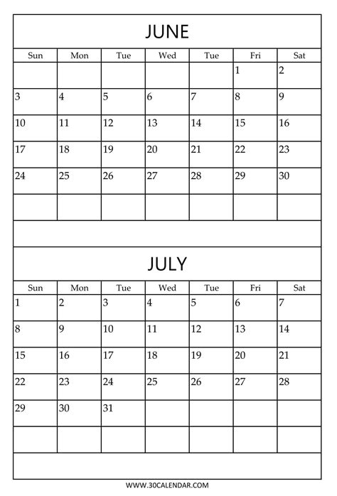 June July Calendar