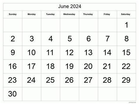 June Month Calendar 2014