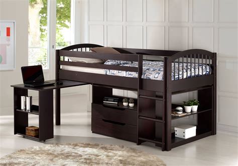 Addison Wood Junior Loft Bed with Storage Drawers, Bookshelf, and Desk, Cinnamon