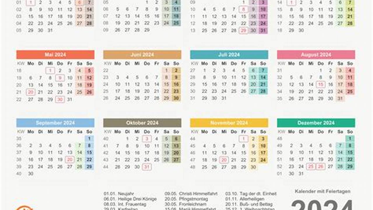 Kalender Mit Allen Feiertagen Im Jahr 2024., 2024