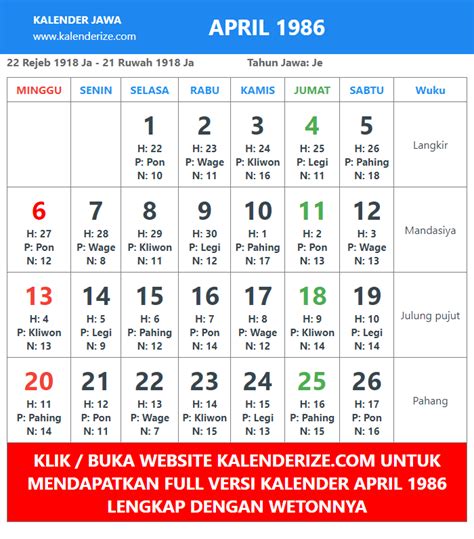 Kalender 1986 Jawa