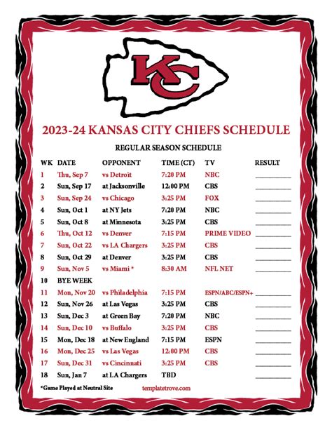 Kansas City Chiefs 2023 Printable Schedule